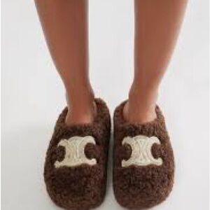 Celine Brown Fuzzy Slippers with Cream Logo